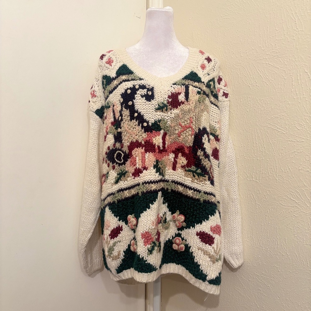 90s Abstract Sweater Cream Green Pink Floral V-Neck Garden Forest Cottagecore L